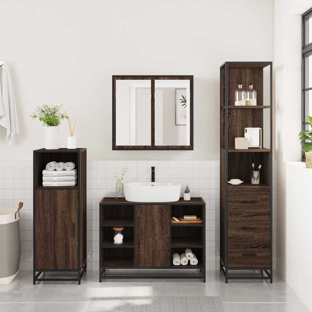 3 Piece Bathroom Furniture Set Brown Oak Engineered Wood