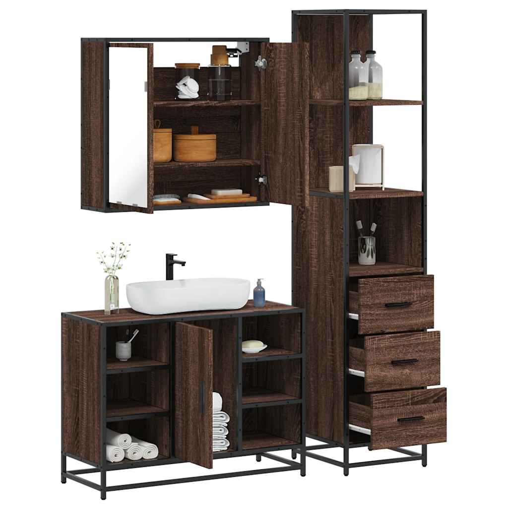 3 Piece Bathroom Furniture Set Brown Oak Engineered Wood