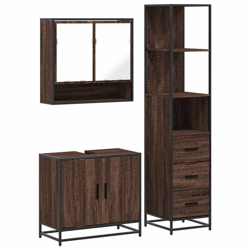 3 Piece Bathroom Furniture Set Brown Oak Engineered Wood