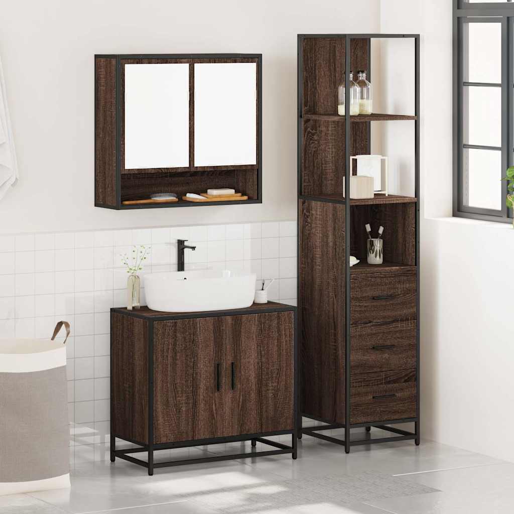 3 Piece Bathroom Furniture Set Brown Oak Engineered Wood