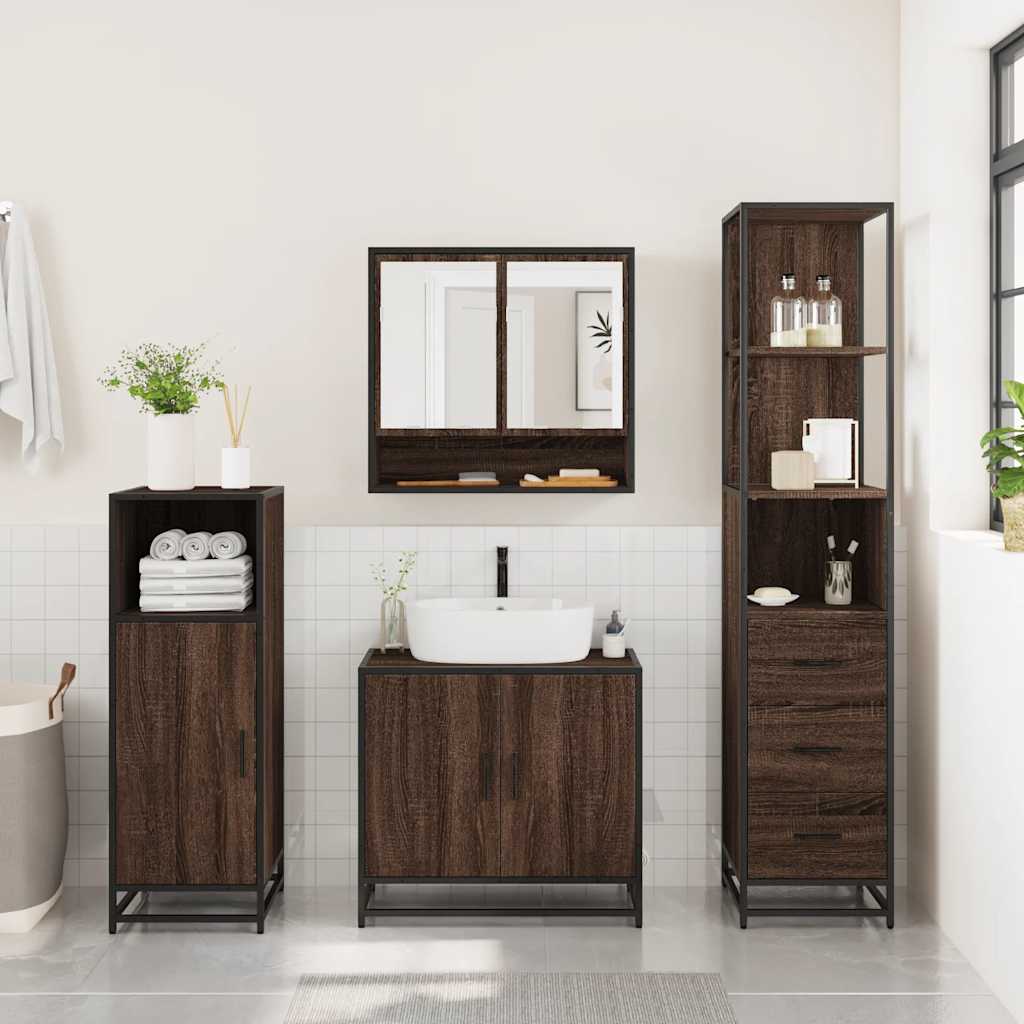 3 Piece Bathroom Furniture Set Brown Oak Engineered Wood