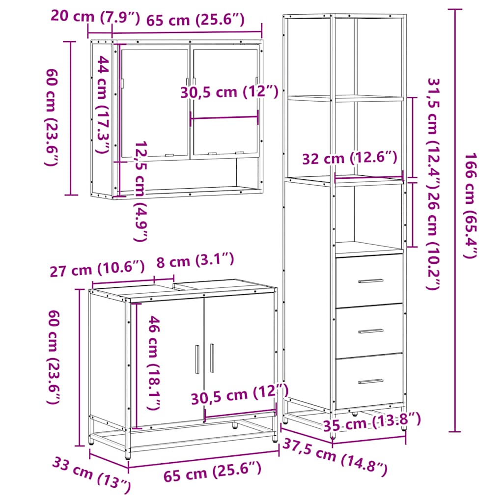 3 Piece Bathroom Furniture Set Brown Oak Engineered Wood