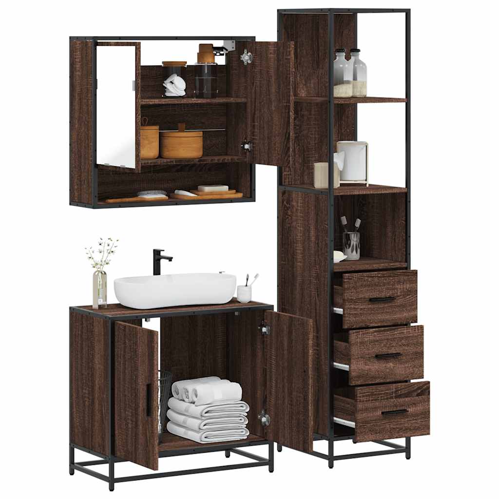 3 Piece Bathroom Furniture Set Brown Oak Engineered Wood