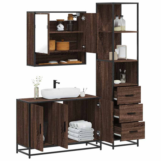 3 Piece Bathroom Furniture Set Brown Oak Engineered Wood