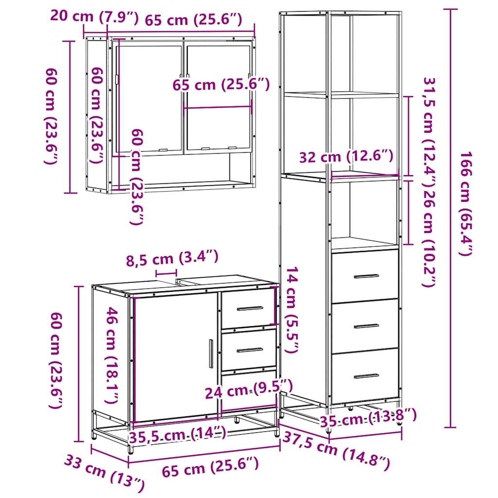 3 Piece Bathroom Furniture Set Black Engineered Wood