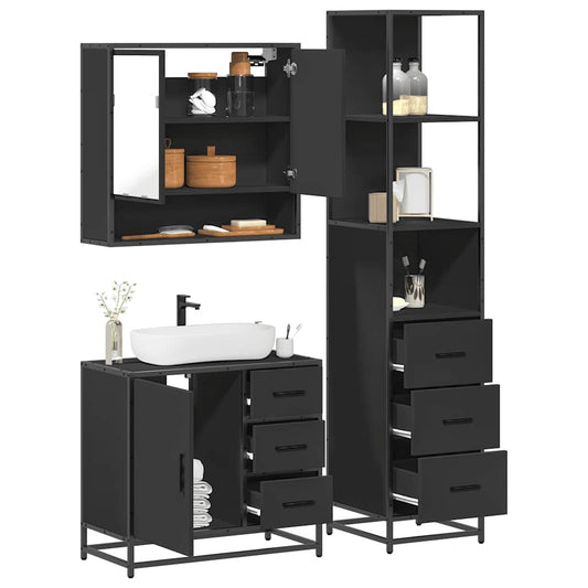 3 Piece Bathroom Furniture Set Black Engineered Wood