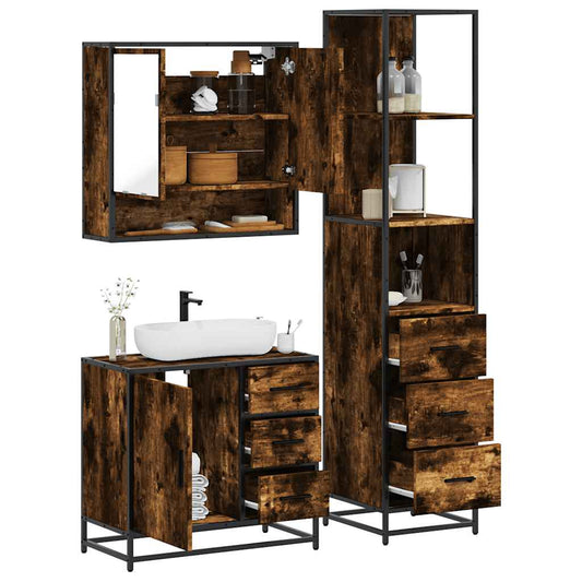 3 Piece Bathroom Furniture Set Smoked Oak Engineered Wood