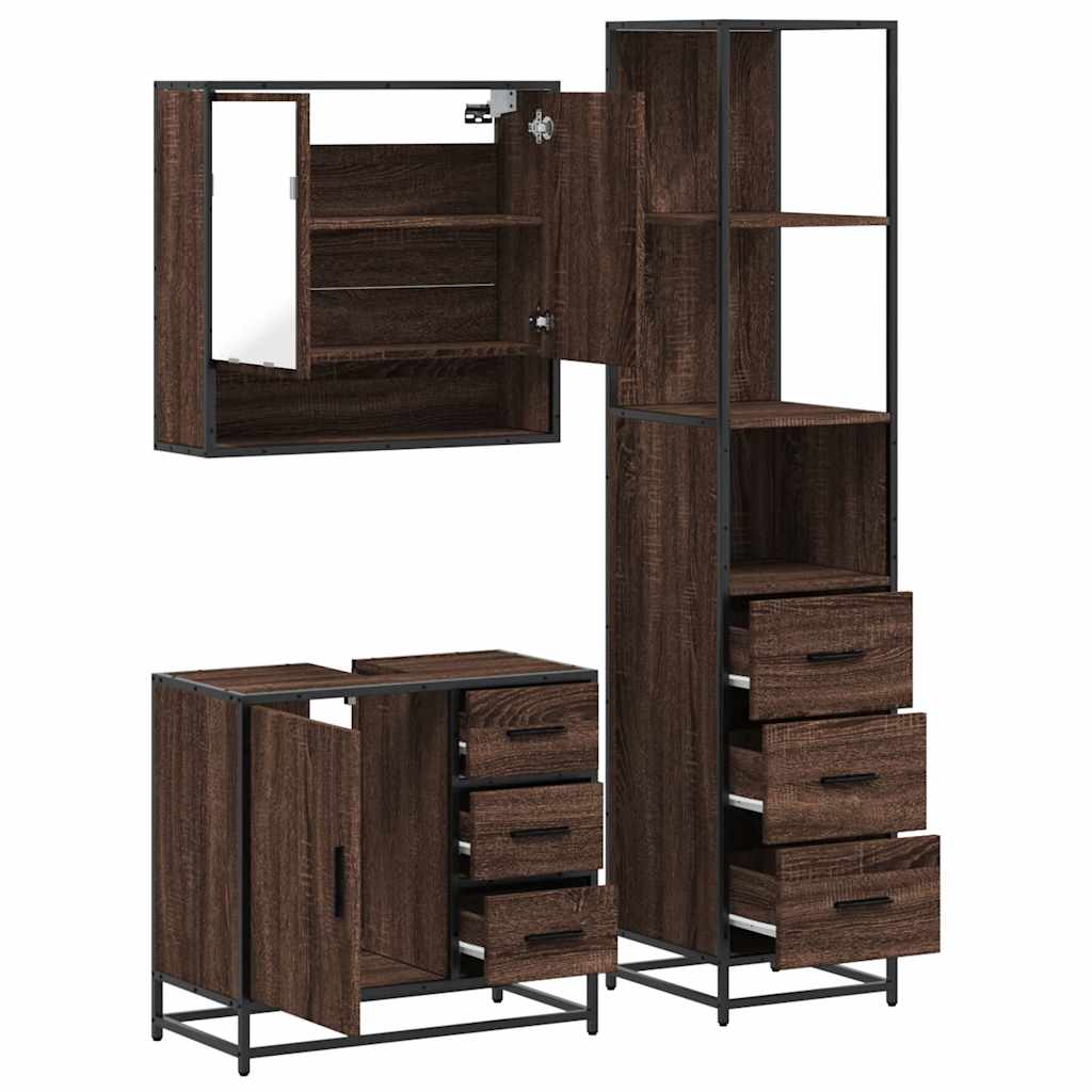 3 Piece Bathroom Furniture Set Brown Oak Engineered Wood