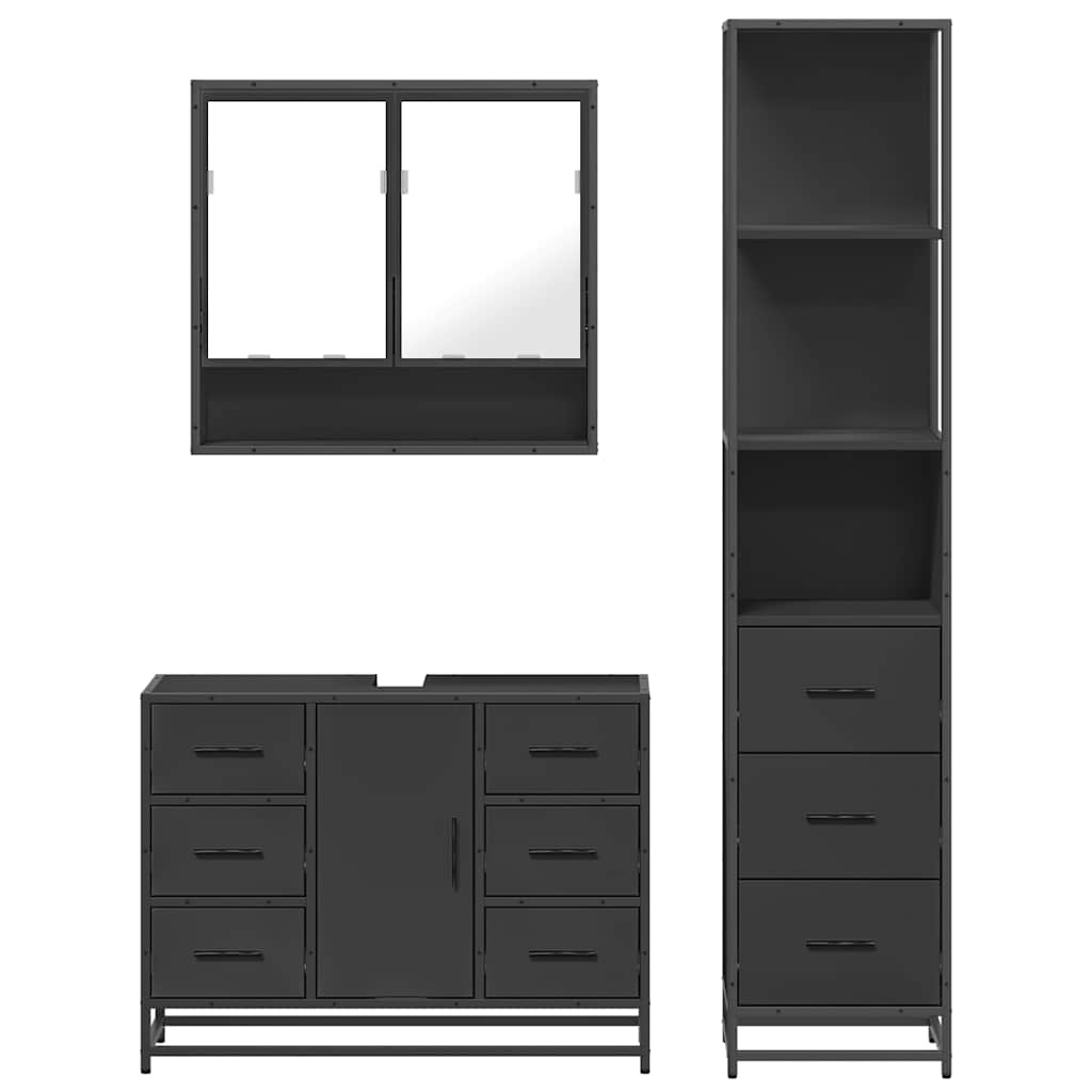 3 Piece Bathroom Furniture Set Black Engineered Wood