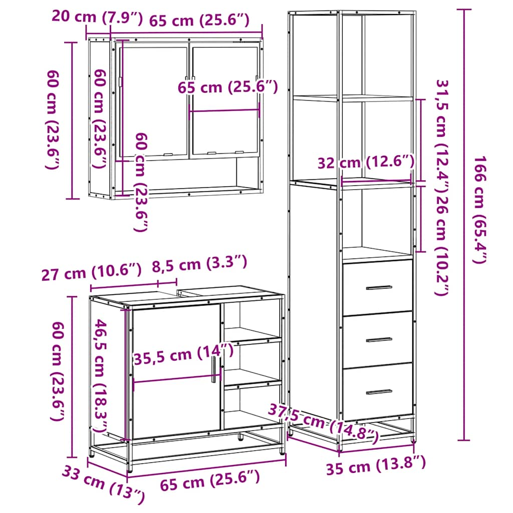 3 Piece Bathroom Furniture Set Smoked Oak Engineered Wood