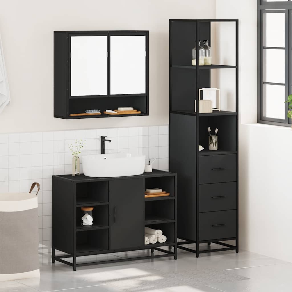 3 Piece Bathroom Furniture Set Black Engineered Wood