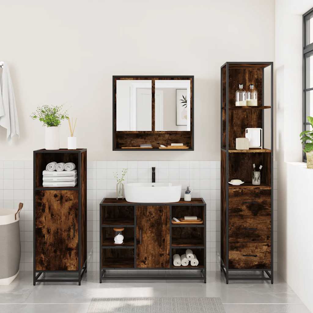 3 Piece Bathroom Furniture Set Smoked Oak Engineered Wood