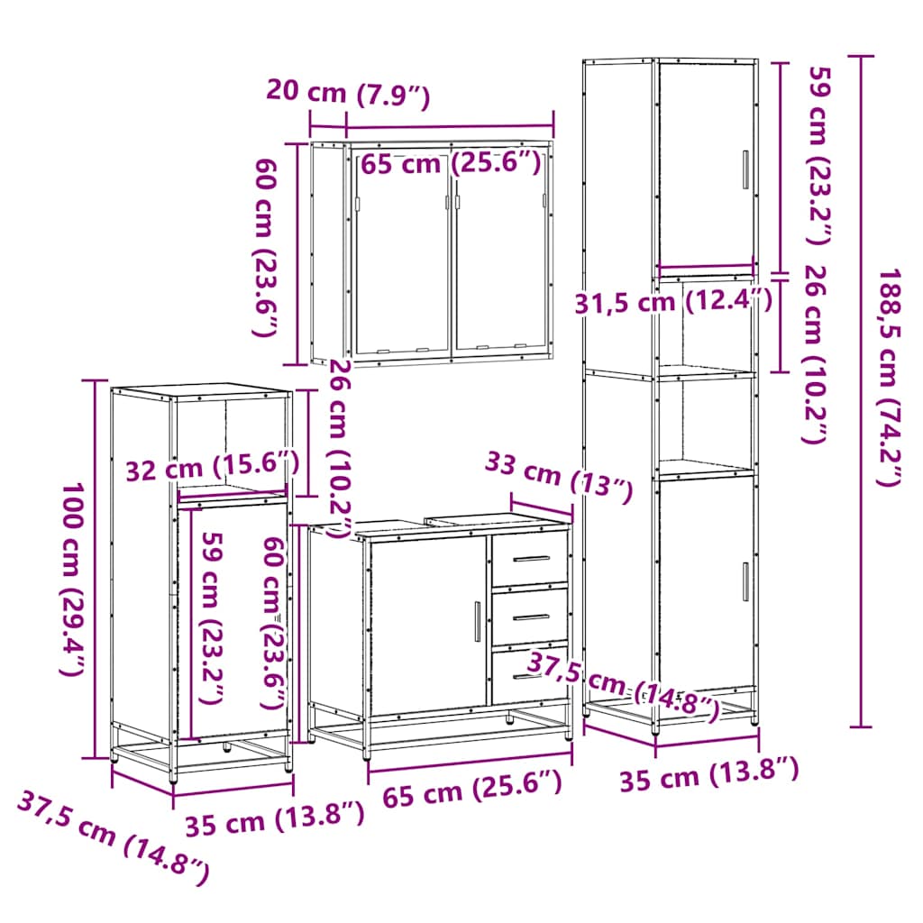 4 Piece Bathroom Furniture Set Brown Oak Engineered Wood