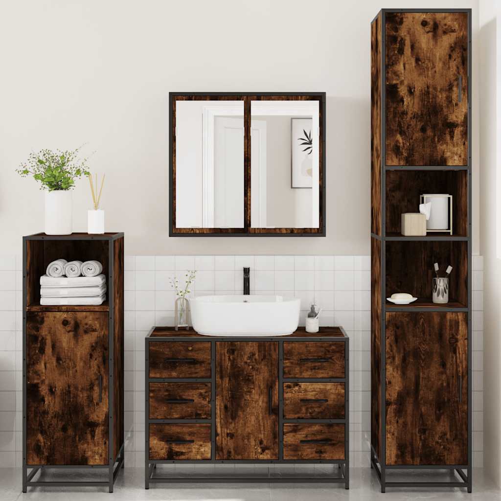 4 Piece Bathroom Furniture Set Smoked Oak Engineered Wood