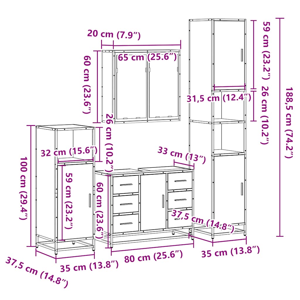 4 Piece Bathroom Furniture Set Grey Sonoma Engineered Wood