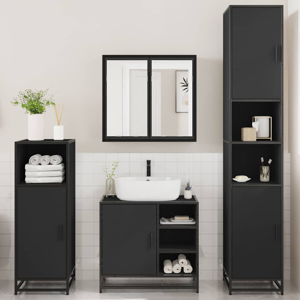 4 Piece Bathroom Furniture Set Black Engineered Wood