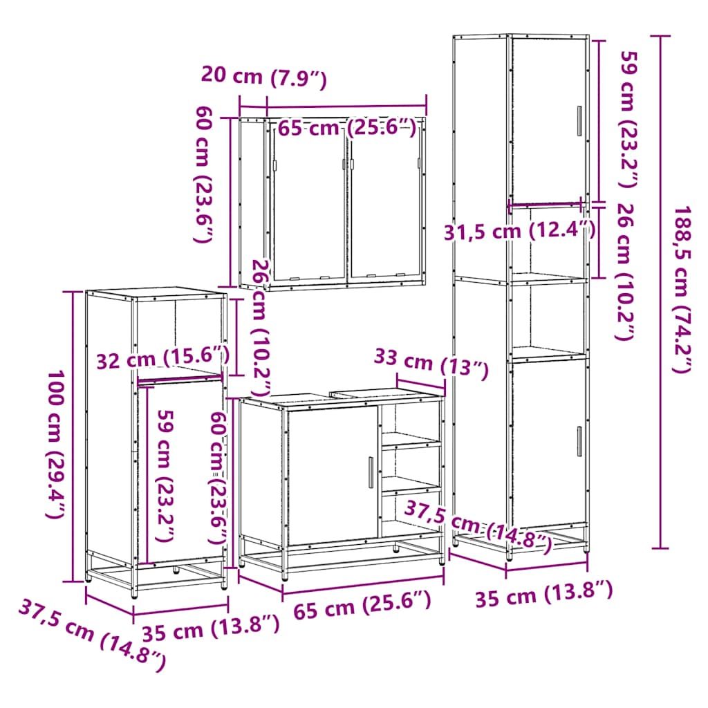 4 Piece Bathroom Furniture Set Black Engineered Wood