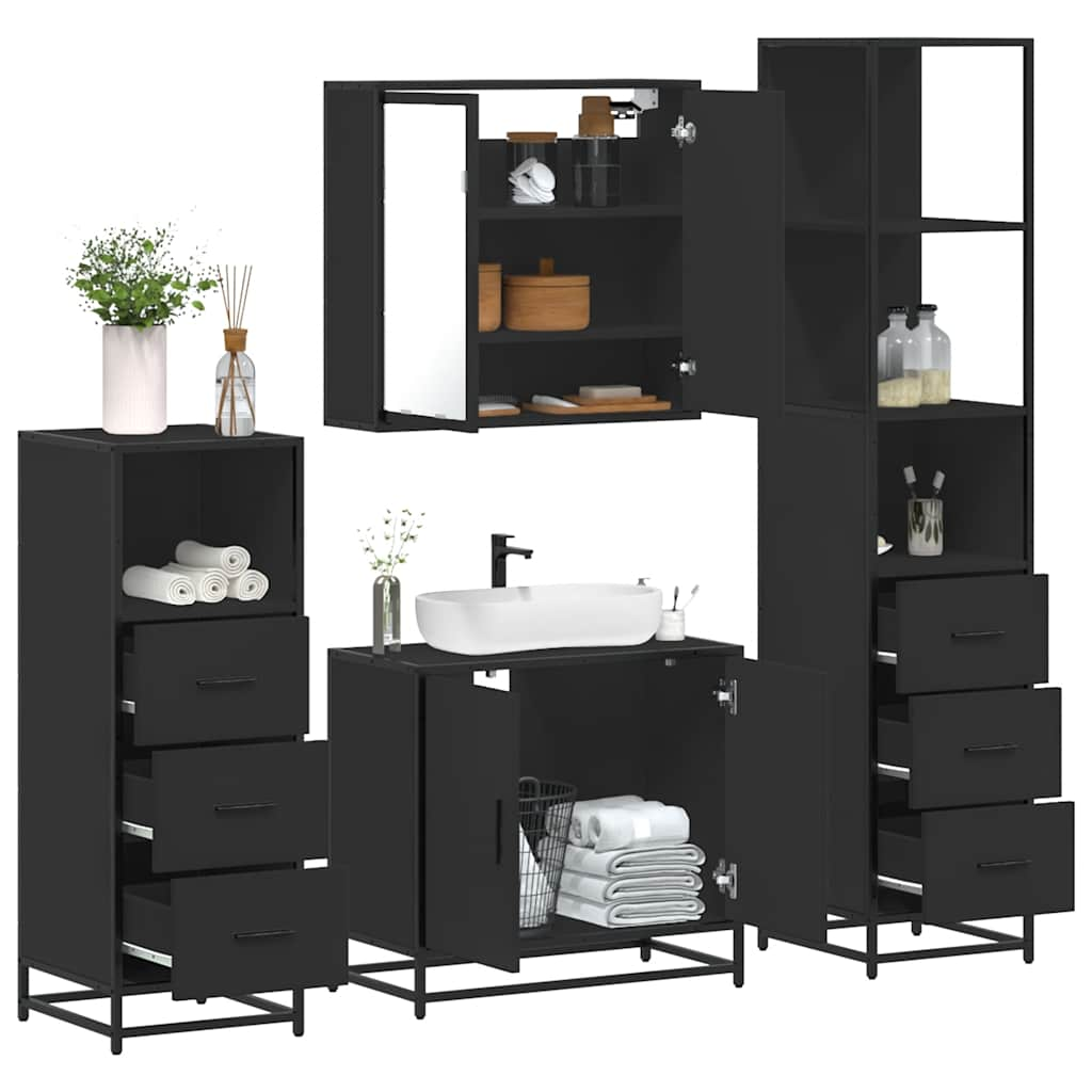 4 Piece Bathroom Furniture Set Black Engineered Wood