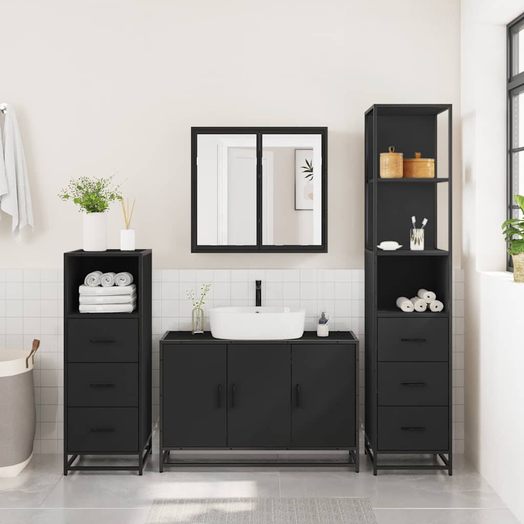 4 Piece Bathroom Furniture Set Black Engineered Wood