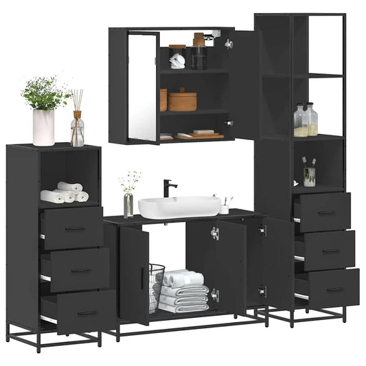 4 Piece Bathroom Furniture Set Black Engineered Wood