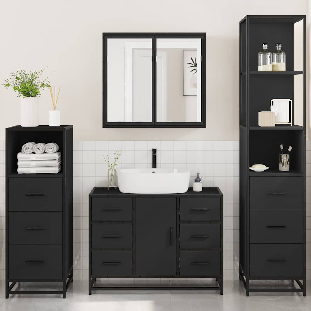 4 Piece Bathroom Furniture Set Black Engineered Wood