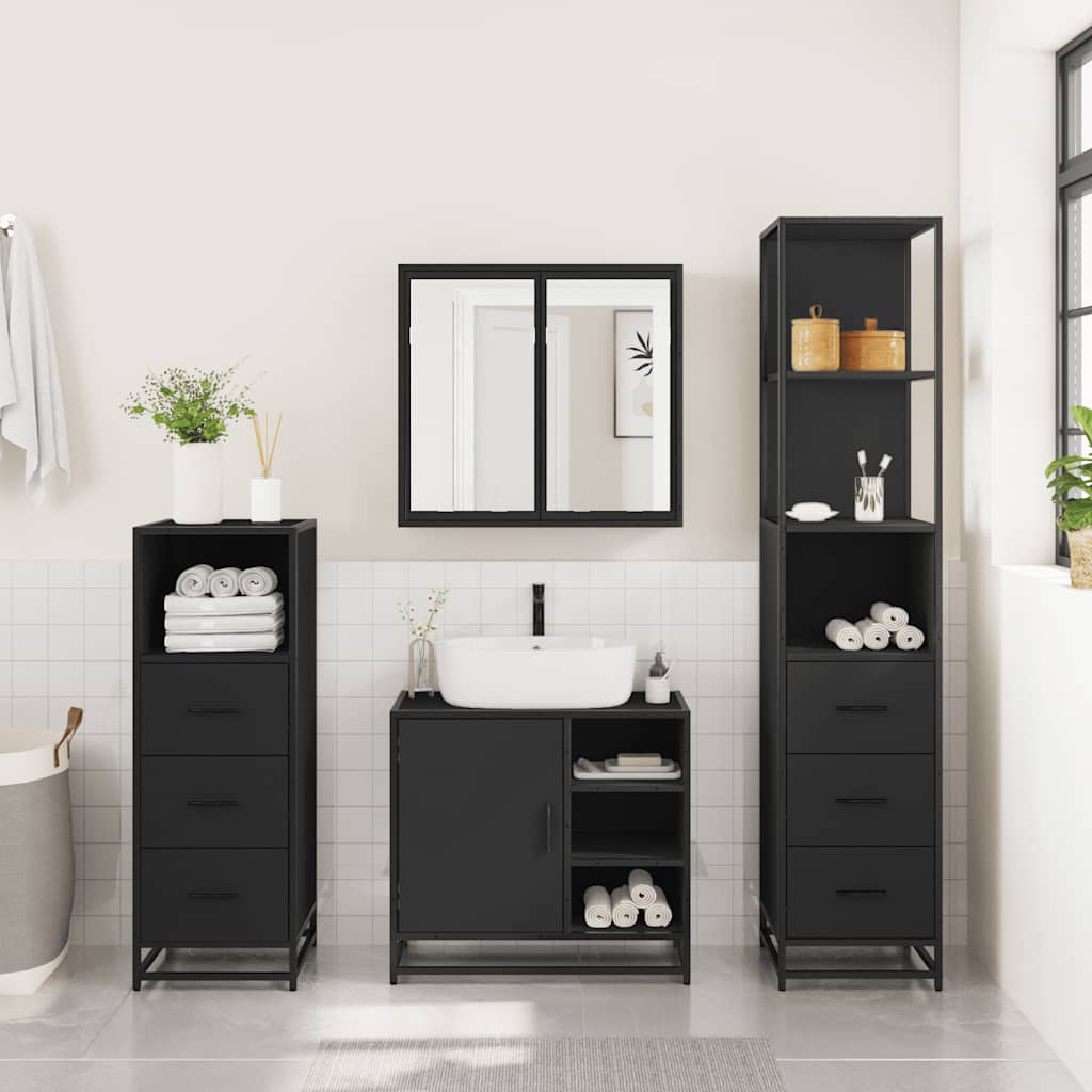 4 Piece Bathroom Furniture Set Black Engineered Wood