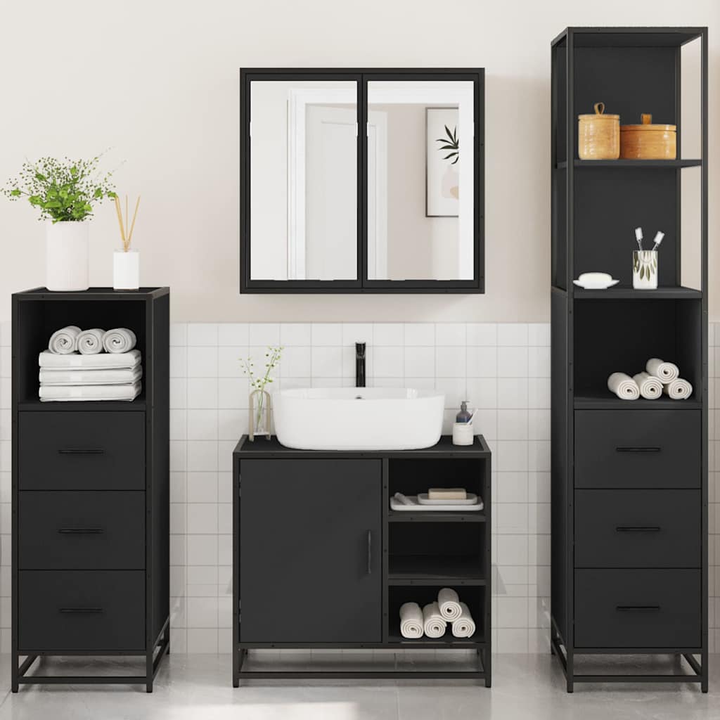 4 Piece Bathroom Furniture Set Black Engineered Wood