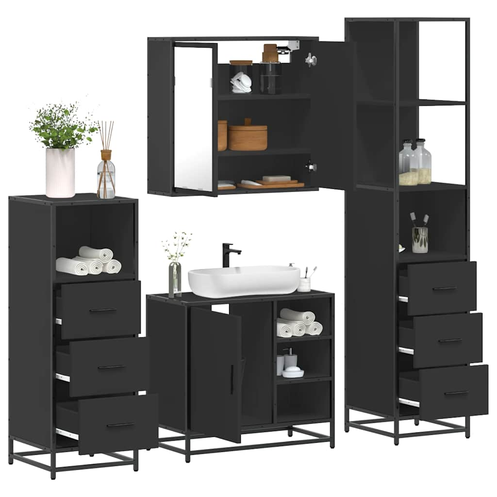 4 Piece Bathroom Furniture Set Black Engineered Wood