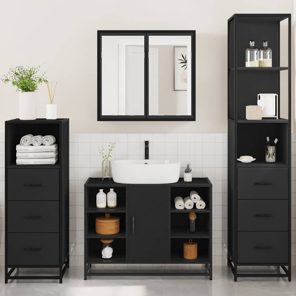 4 Piece Bathroom Furniture Set Black Engineered Wood