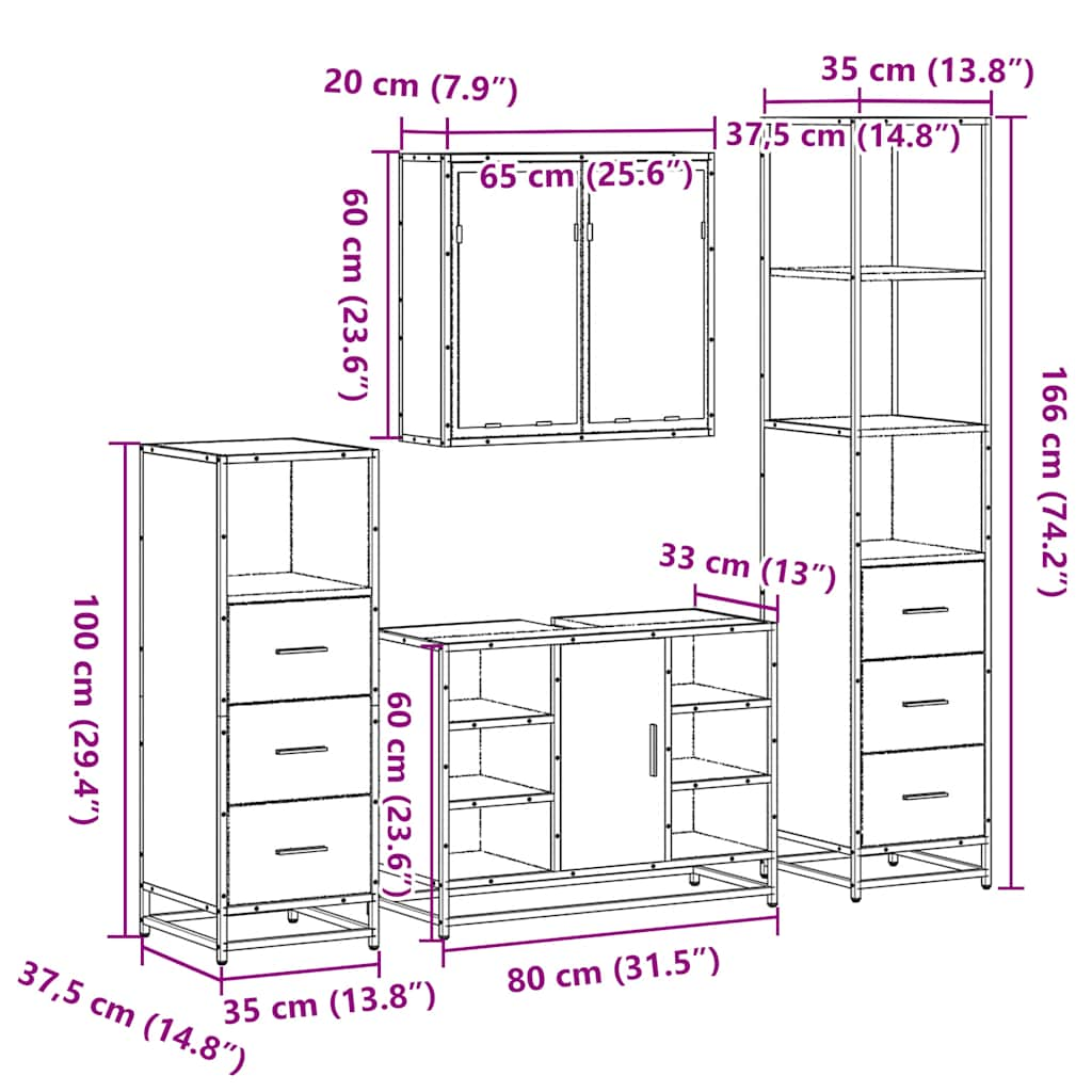 4 Piece Bathroom Furniture Set Black Engineered Wood