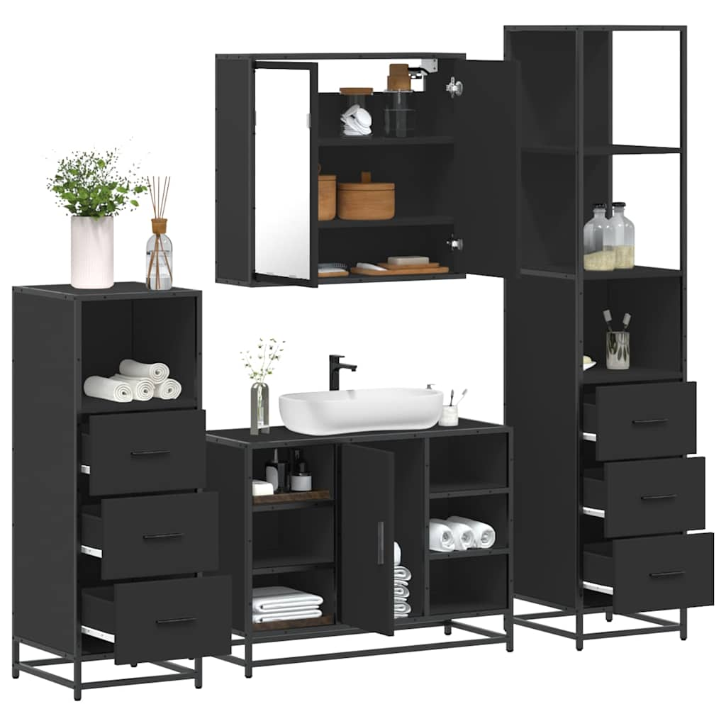 4 Piece Bathroom Furniture Set Black Engineered Wood