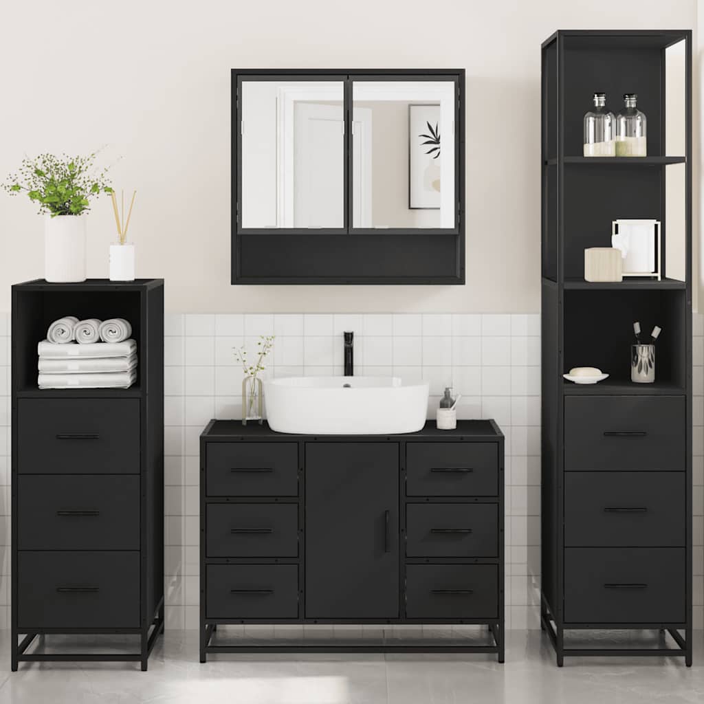 4 Piece Bathroom Furniture Set Black Engineered Wood