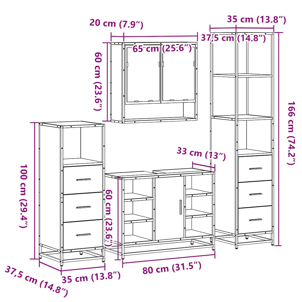 4 Piece Bathroom Furniture Set Black Engineered Wood