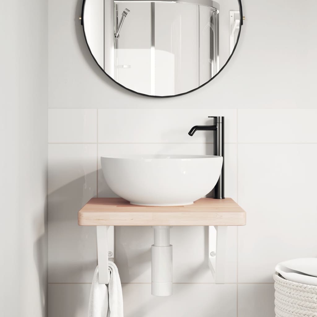 Basin Shelf Wall Mounted Steel and Solid Wood Oak