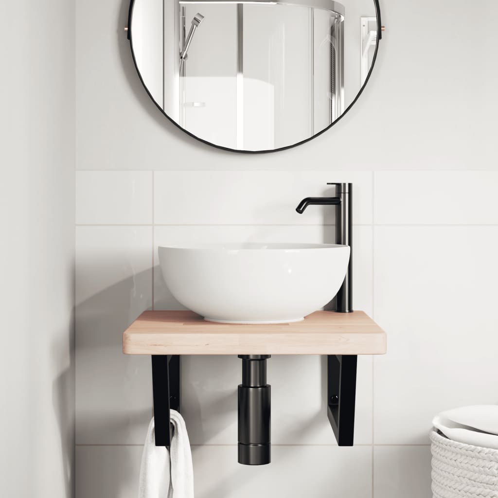 Basin Shelf Wall Mounted Steel and Solid Wood Oak