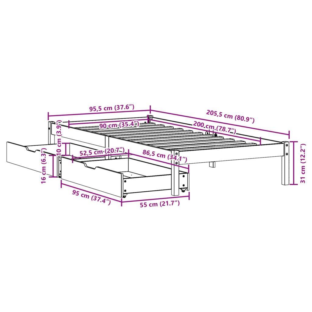 Bed Frame without Mattress White 90x200 cm Solid Wood Pine