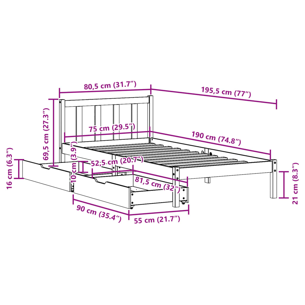 Bed Frame without Mattress 75x190 cm Small Single Solid Wood Pine