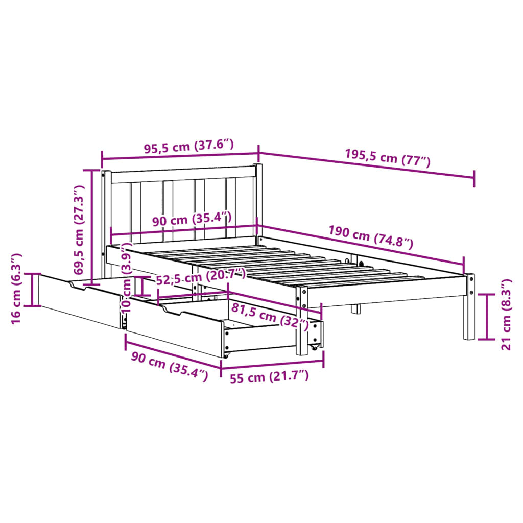 Bed Frame with Drawers 90x190 cm Single Solid Wood Pine