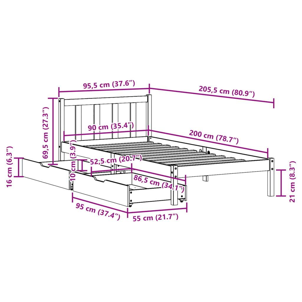 Bed Frame without Mattress White 90x200 cm Solid Wood Pine