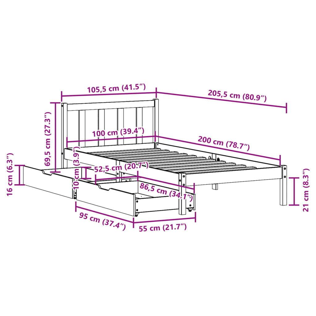 Bed Frame without Mattress White 100x200 cm Solid Wood Pine