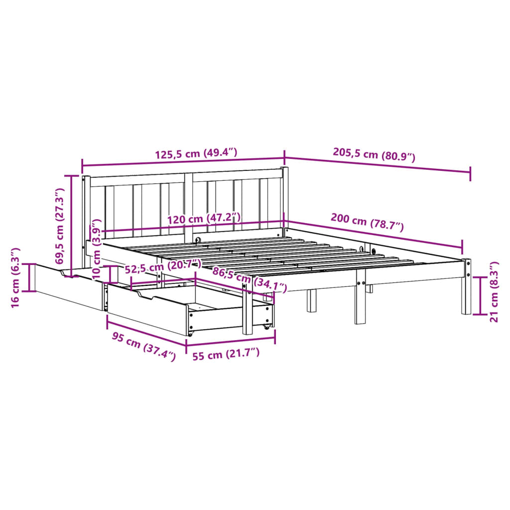 Bed Frame with Drawers 120x200 cm Solid Wood Pine