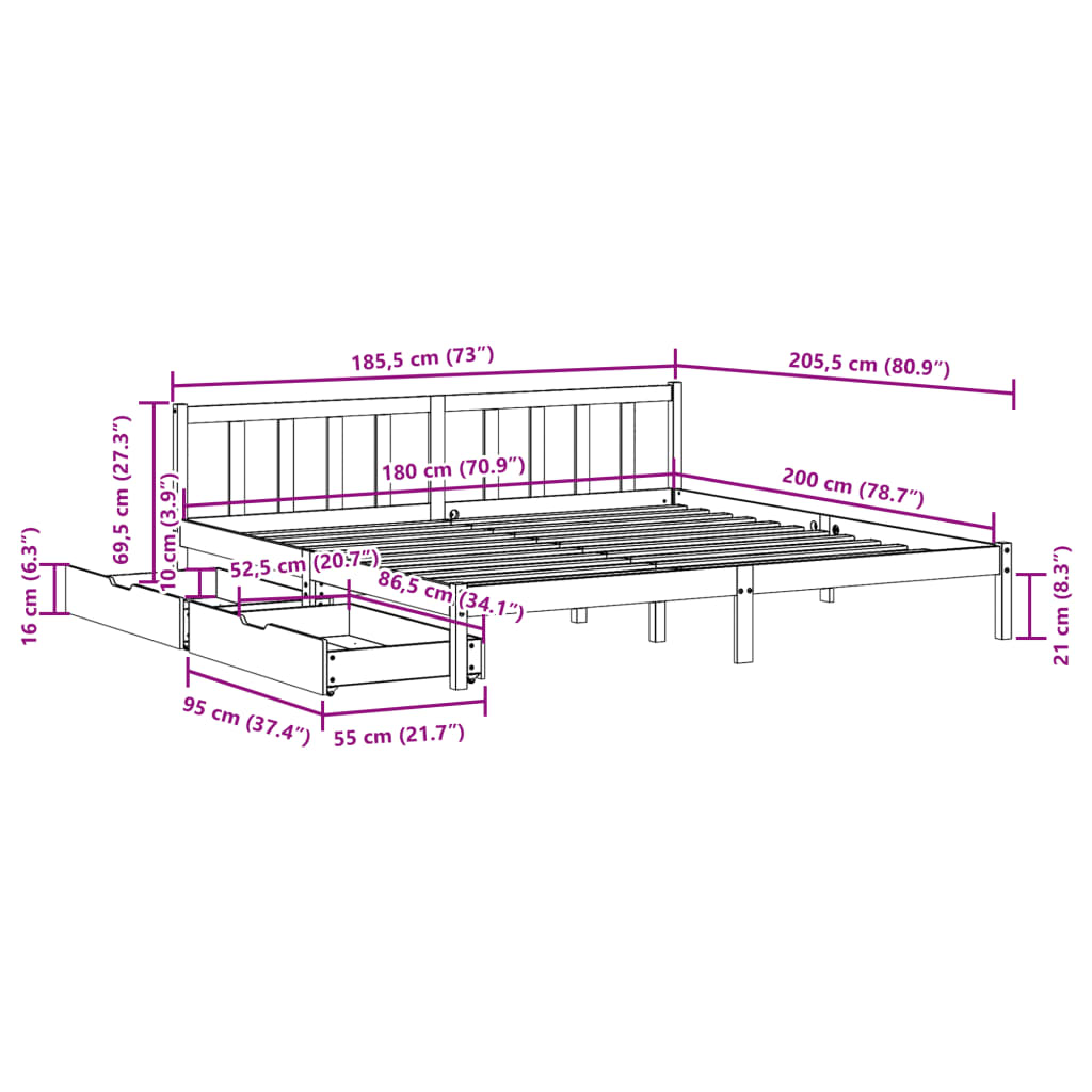 Bed Frame without Mattress White 180x200 cm Super King Solid Wood Pine