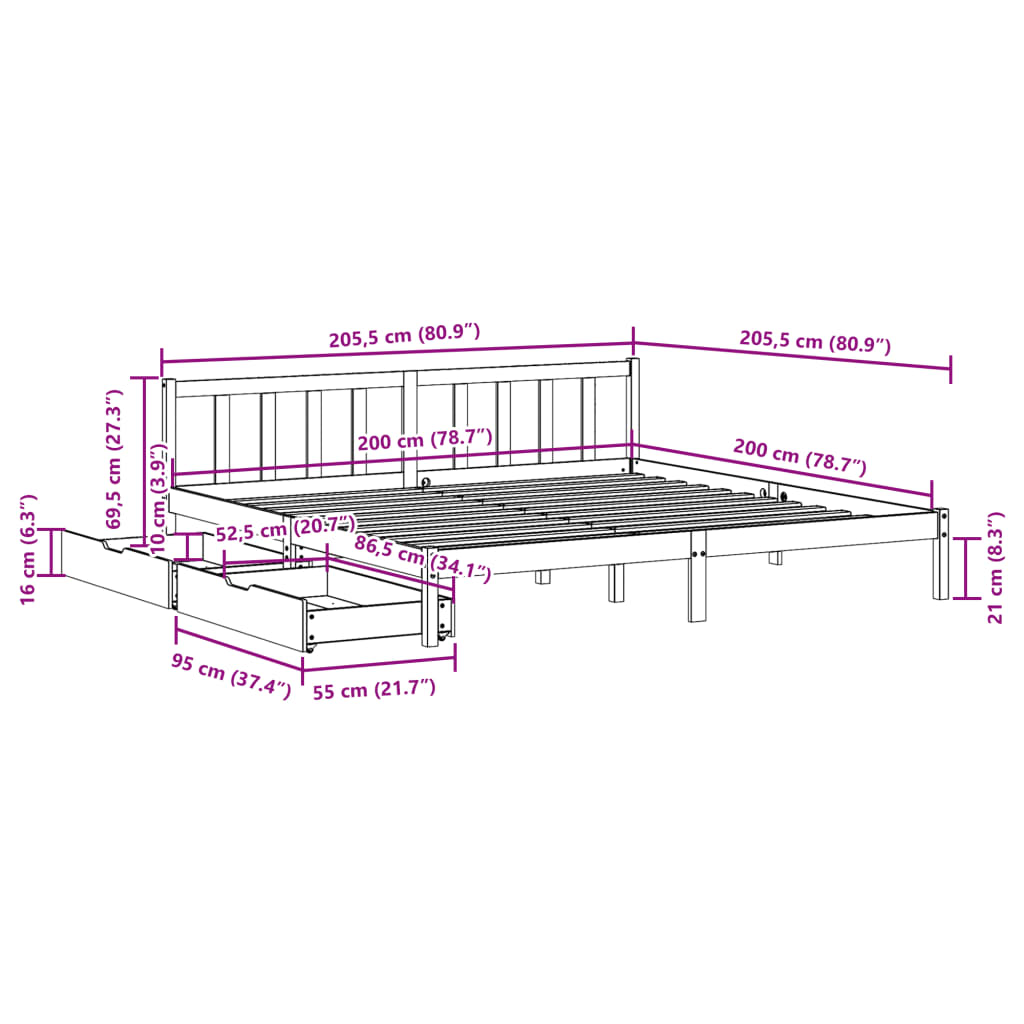 Bed Frame without Mattress White 200x200 cm Solid Wood Pine