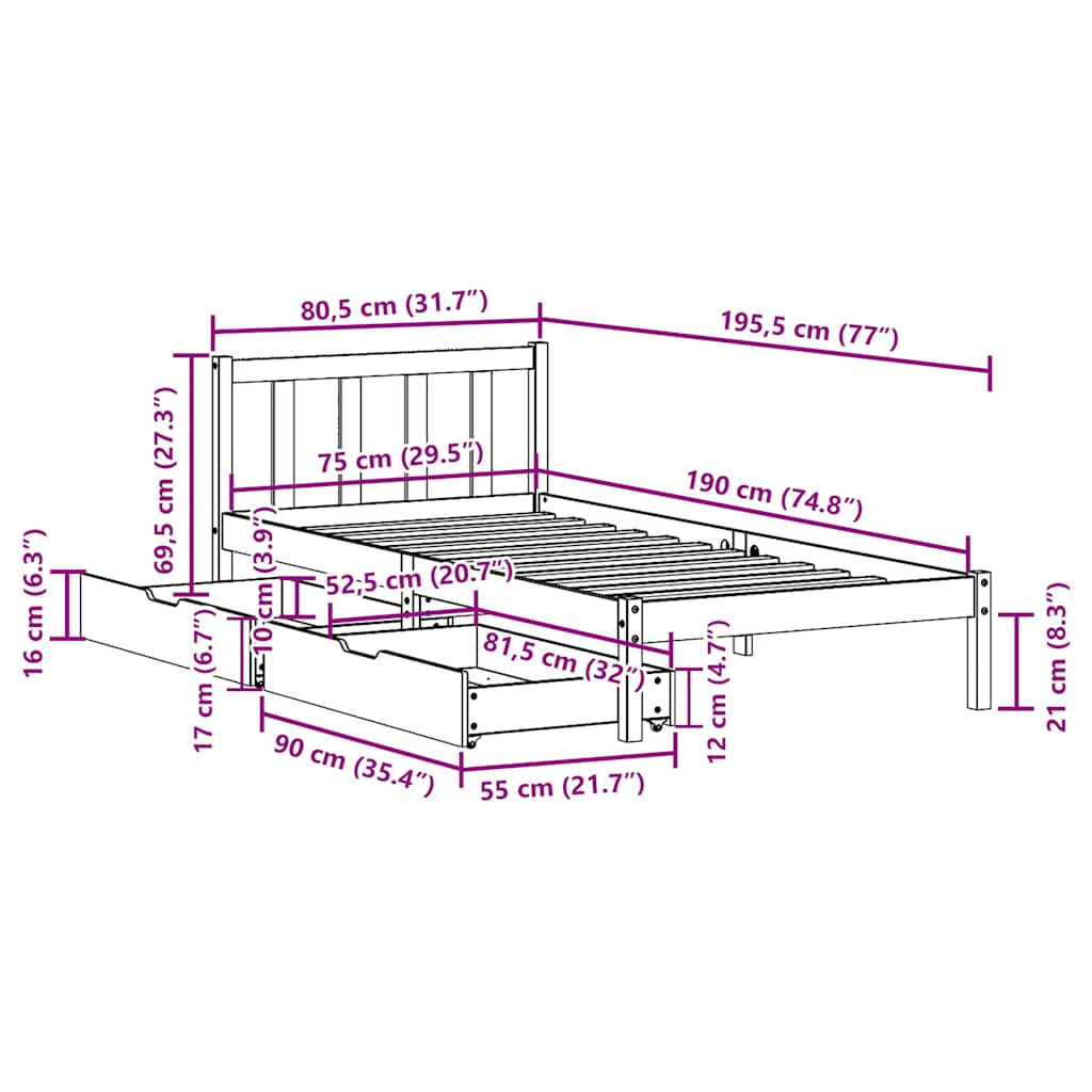 Bed Frame without Mattress Wax Brown 75x190 cm Small Single Solid Wood Pine