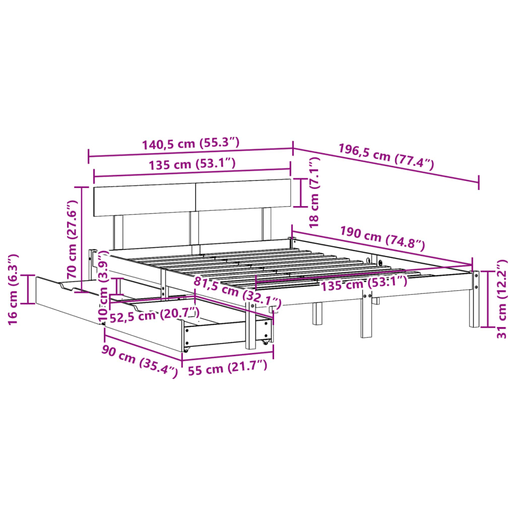 Bed Frame without Mattress White 135x190 cm Double Solid Wood Pine