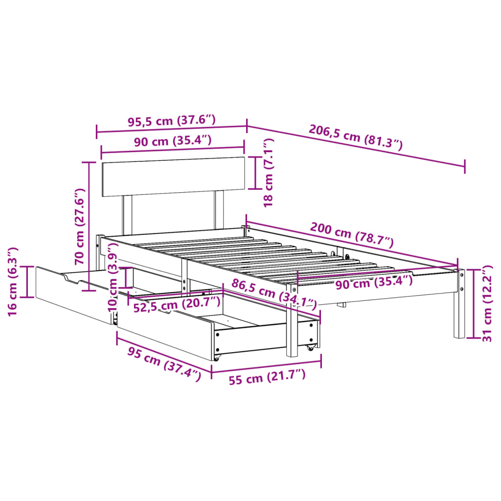 Bed Frame without Mattress White 90x200 cm Solid Wood Pine