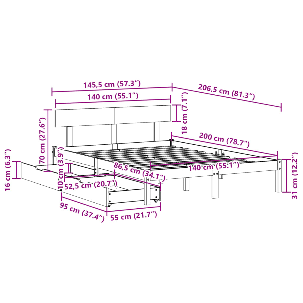 Bed Frame with Drawers 140x200 cm Solid Wood Pine