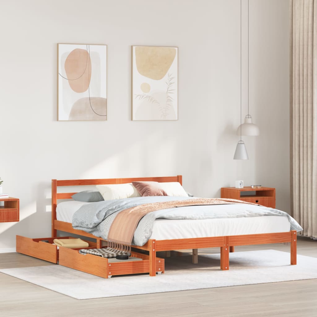 Bed Frame without Mattress Wax Brown 150x200 cm King Size Solid Wood Pine