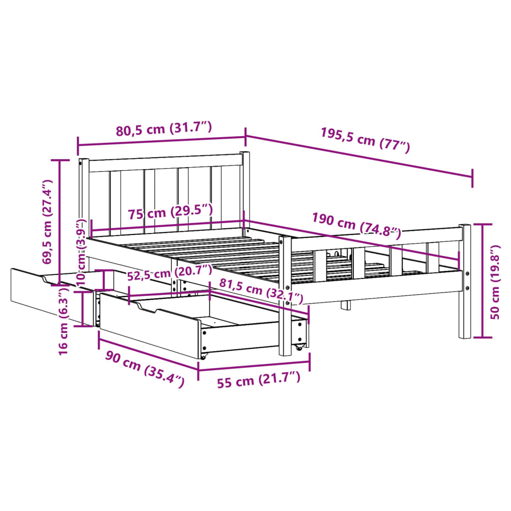 Bed Frame without Mattress 75x190 cm Small Single Solid Wood Pine