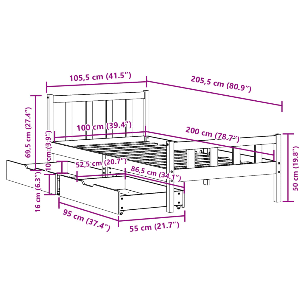 Bed Frame without Mattress 100x200 cm Solid Wood Pine